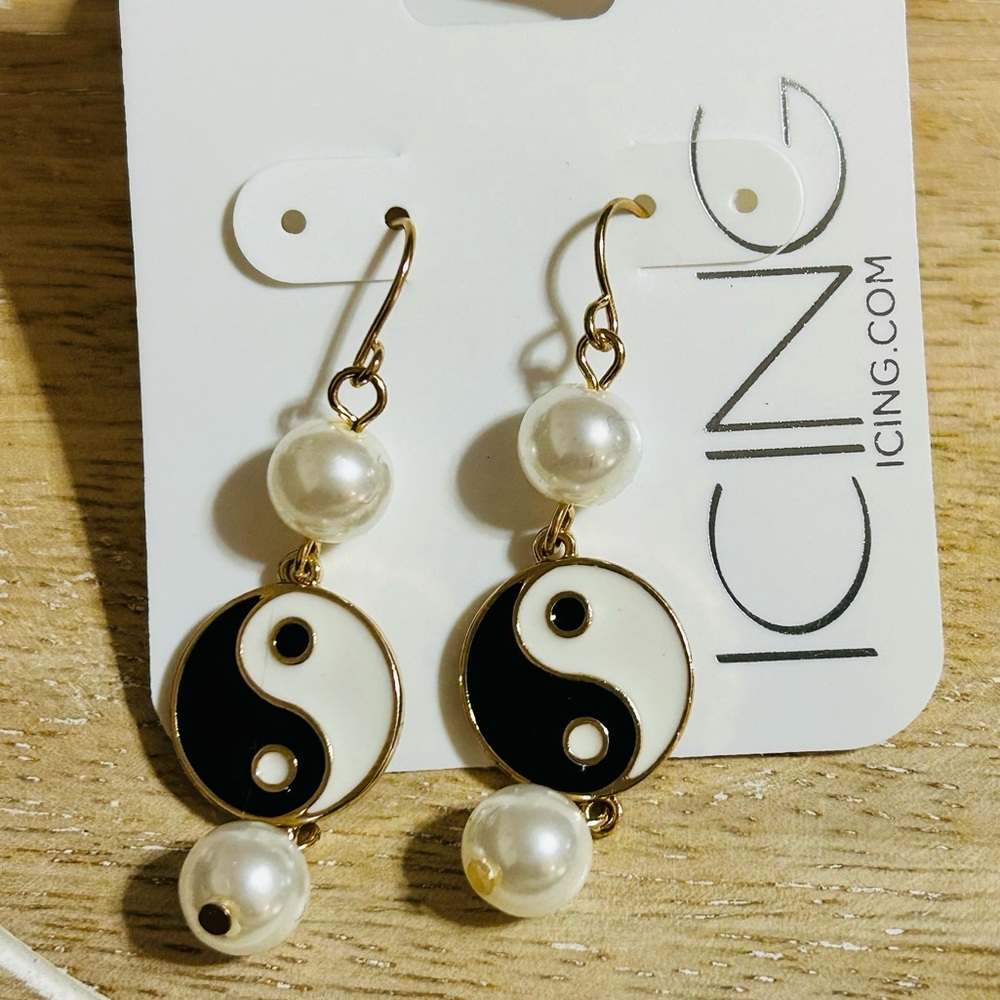 ICING Gold Yin Yang Pearl Drop Earrings - New